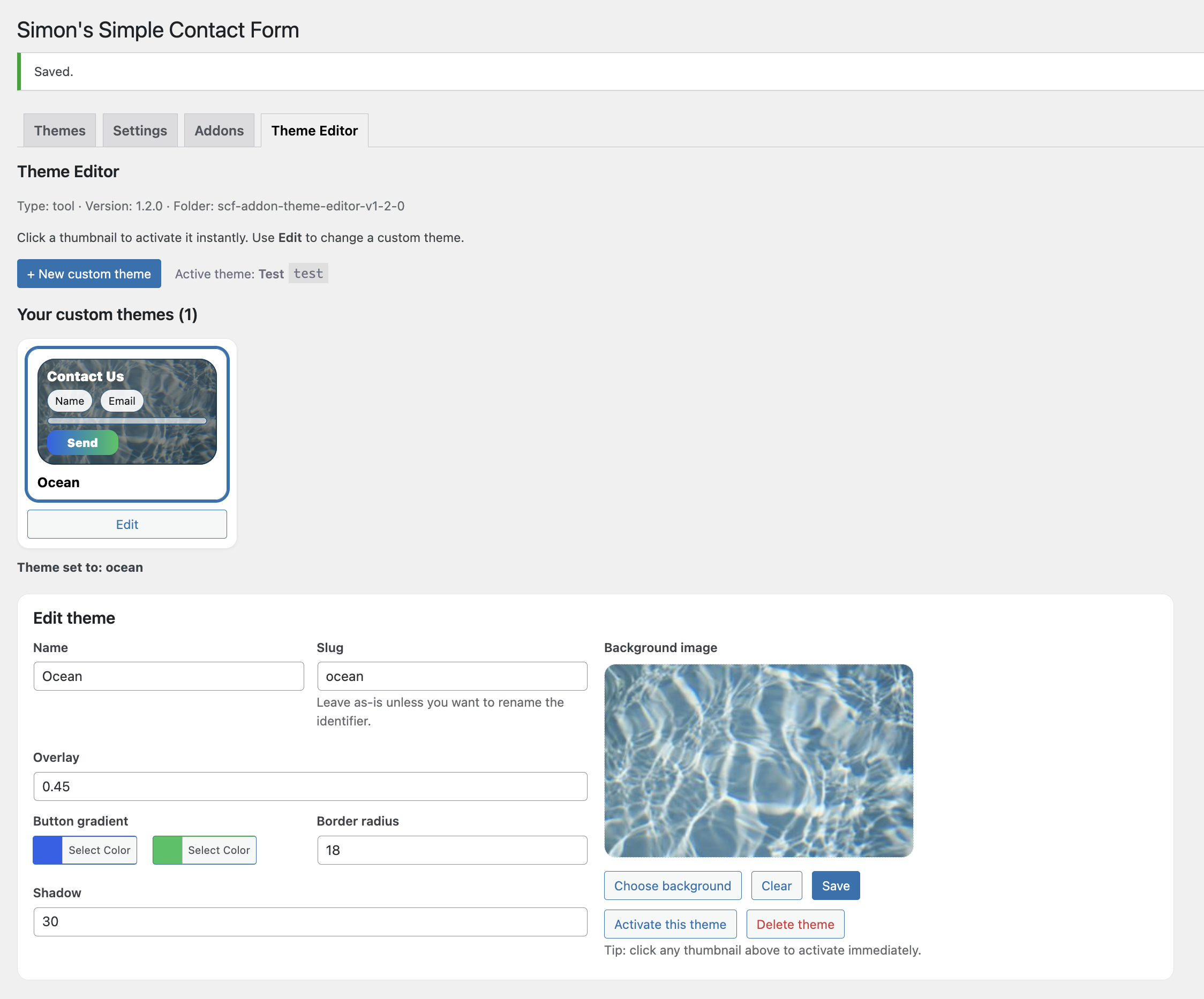 Theme Creator admin page showing theme thumbnail list and editing controls