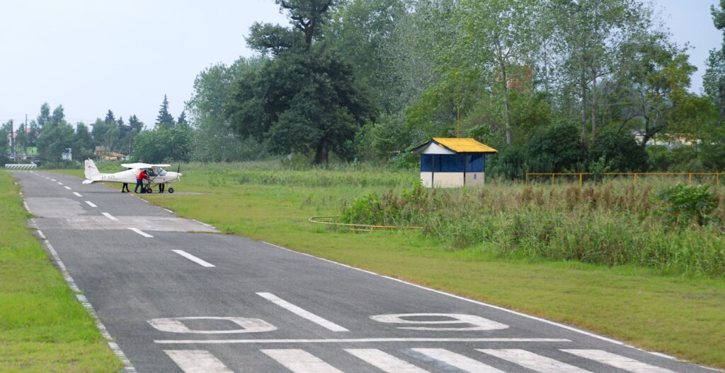 A small airplane is parked on a grassy private airfield runway surrounded by trees.